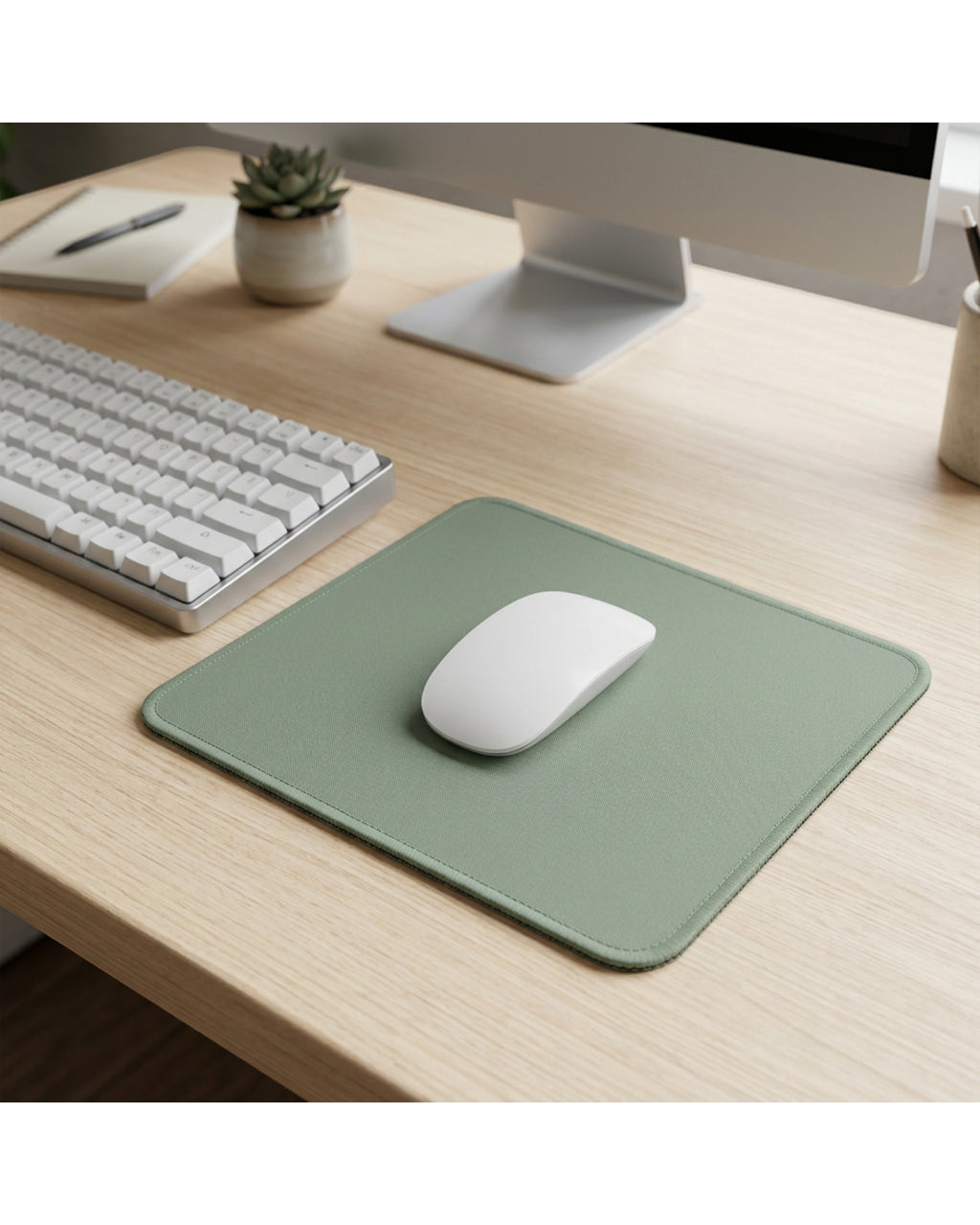 Soved Compact Mouse Pad 30 x 25 cm Sage Green Stitched Edge - Lifestyle view
