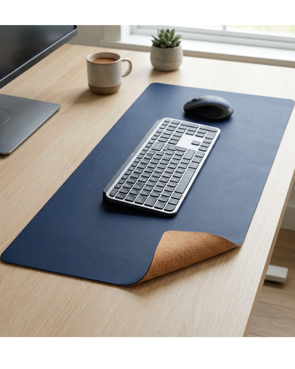 Soved Reversible Mouse Mat 90 x 40 cm Navy PU and Natural Cork - Lifestyle view